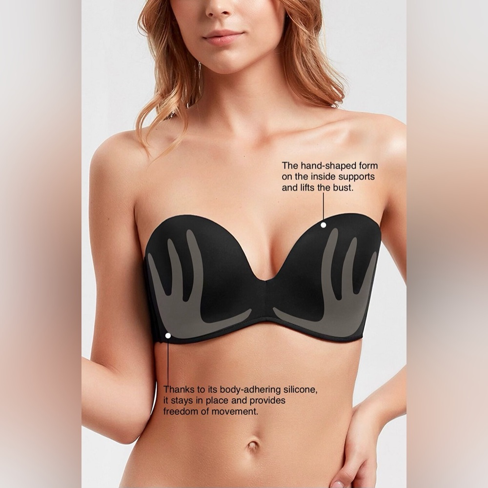 SUWEN Strapless Black Seamless Adhesive Bandeau Bra - Picture 2 of 6